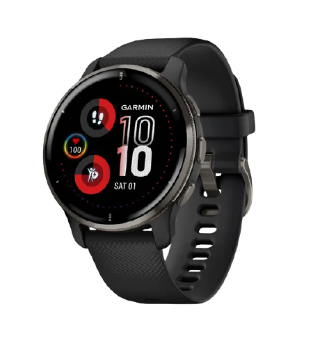 Garmin Venu 2 Plus Slate Stainless Steel Bezel with Black Case and Silicone Bandand Silicone Band-010-02496-51